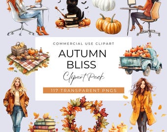Watercolor Autumn Clipart Bundle, Cozy Autumn PNG, Fall Clip Art, Pumpkin graphics, Cottagecore Fall Illustrations, Rustic Autumn Graphics