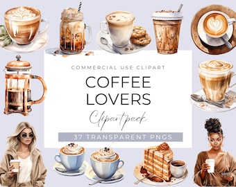Watercolor Coffee Lover Clipart Bundle, Coffee Girl PNG, Cute Fashion Clipart for Junk Journal, Stationery, Papercrafts, Commercial Use
