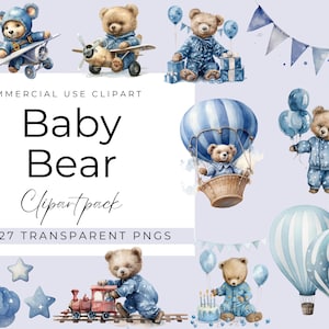 Watercolor Blue Teddy Bear Clipart for boy, baby shower clipart for invitation, vintage teddy bears, cute teddy bear PNGs for Commercial Use