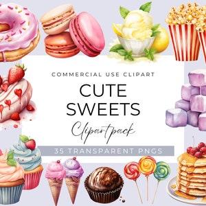 Watercolour Cute Sweets Clipart, Cookies, Sweet Macaroons, Treats Candy, Cakes and Glazed Doughnuts PNG, Instant Download, Commercial Use