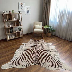 Zebra Print Cowhide Rug - Brown Stripes on Cream Cowhide 6.6x7.1 ft