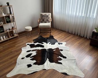 XL Tricolor Cowhide Rug - Genuine Cowhide Rugs 6.3x7.5 ft