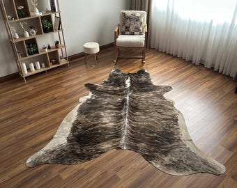 Brindle Cowhide Rug - Brown Leather Rug - 6.8x7.3 ft