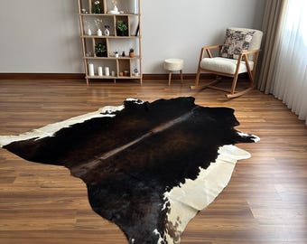 Tricolor Cowhide Rug: 7.5x8 ft, Brazilian Leather, Cowboy Ranch Style