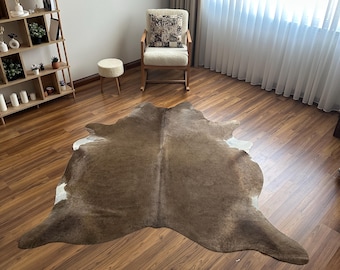 Brown Cowhide Rug: Brazilian Leather, Western Decor Rug 6.3x7.6 ft