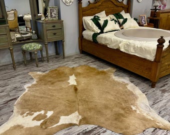 Beige & White Cowhide Rug: XL Brazilian Leather, Cowboy Ranch Style (6'8''x6'8'')
