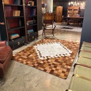 Handmade Cowhide Patchwork Rug: Brown & White Genuine Leather