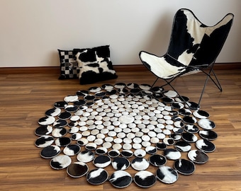 Tappeto patchwork in pelle di mucca: tappeto rotondo in pelle