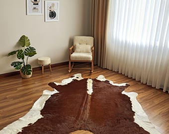 Brown & White Cowhide Rug: Brazilian Leather, Parisian Modern Glamour (6.3x7.3 ft XL)