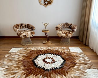 Geometric Patchwork Cowhide Rug – Handmade Cowhide Rug, Custom Leather Rug