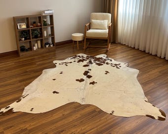 Brown and  White Cowhide Rug - 6.8x7.5 - Genuine Brazilian Cowhide