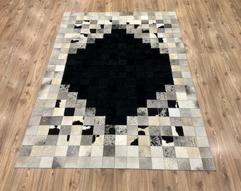 Cowhide Patchwork Rug: Black and White Leather Tiles