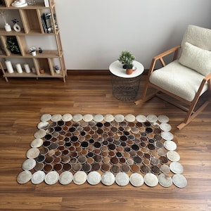 Brown Cowhide Patchwork Rug, Rectangular Circle Leather Carpet Warm Brown & Beige Area Rug, Modern Handcrafted Real Leather Rug