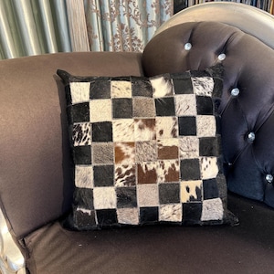 Patchwork Cowhide Throw Pillow Cover • 15,7x15,7 inches • Genuine Cowhide • Checkered Pattern