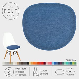 May include: A blue felt chair pad with a rounded shape, next to a white chair with wooden legs and a blue seat cushion. The image includes a colour palette of 36 colours and text that reads "Made from Recycled PET Bottles" and "Made in Cologne."