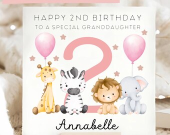 Granddaughter 2nd Birthday Personalised Animal Card, Wonderful Little Granddaughter, Baby Girl Birthday Card, Special Pink 2 Birthday Card