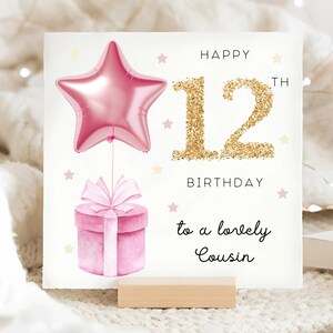 Cousin 12th Birthday Card, Pink Foil Star Balloon Card, Cousin Is 12, Cousin Twelfth Birthday Card, Cousin Twelve Gift, Cousin Girl Card