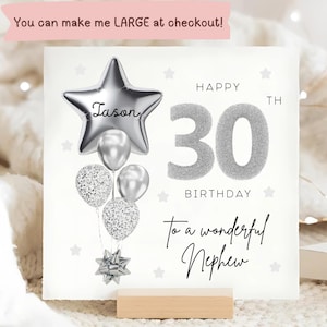 Nephew 30th Birthday Personalised Card, Silver Grey Balloon Card, Nephew is 30, His Thirtieth Birthday Gift, Nephew 30th Birthday Card