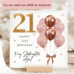 Stepdaughter 21st Birthday Pink Brown & Gold Balloon Card, Personalised Stepdaughter Twenty-First Birthday Card, Stepdaughter Is 21 Card