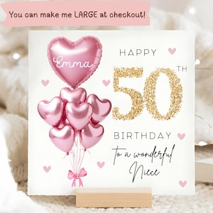 Niece 50th Birthday Personalised Card, Pink Gold Balloon Card, Niece is 50, Fiftieth Birthday Gift, Niece Fifty Birthday Card, Lovely Niece