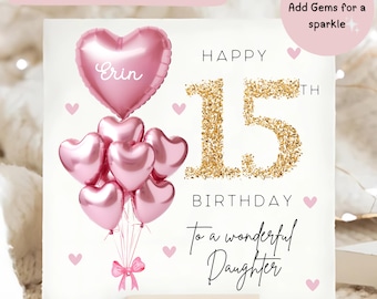 Daughter 15th Gem Birthday Personalised Card, Diamante Pink Gold Balloon Card, Daughter is 15, Fifteenth Birthday Gift, Daughter 15th Card