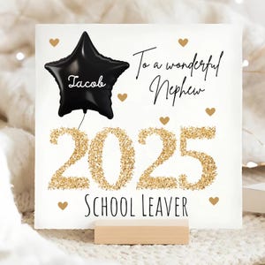 Carte de fin d'études neveu 2025, carte personnalisée ballon en or noir, merveilleuse carte de sortie d'école de neveu, cadeau de félicitations de neveu