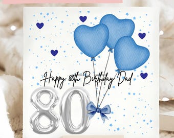 Dad 80th Gems Birthday Blue Balloon Card, Personalised 80th Birthday Card, Daddy, Papa, Father, Dads Eightieth Birthday, 80, Eighty Birthday