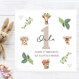 Sister 1st Animal Birthday Card, Personalised Sister First Card, Sister Is 1, Jungle Animal Flower Crown Card, Turning One, Baby Sister Card