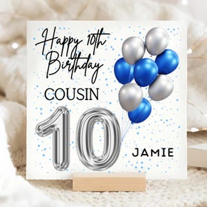 Cousin 10th Birthday Balloon Card, Personalised 10 Year Old Boy Card, Cousin Turns Ten Card, Blue Foil Balloon Card, Gift For Cousin