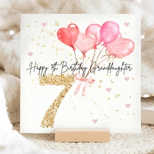 Petite-fille 7e carte d'anniversaire ballon rose, carte d'anniversaire personnalisée petite-fille 7, petite-fille rose septième carte