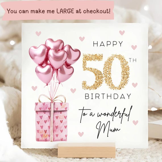 Mum 50th Birthday Pink Foil Balloon Card, Happy 50th Birthday Mum