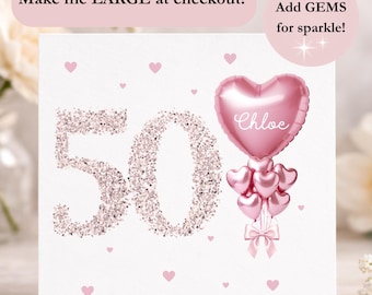 Pink 50th Birthday Card - Personalised Fiftieth Birthday Card - Female 50th Gift - Pink Balloon 50 Card