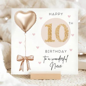Carte d'anniversaire or et beige nièce 10e, 10e carte nièce personnalisée, carte Nièce a dix ans, dixième carte nièce, magnifique carte de 10 nièce