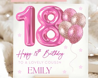 Cousin 18th Magenta Pink Balloon Card, Personalised Cousin Eighteen Card, Cousin 18th Birthday Card, Bright Pink Glitter Effect 18th Gift