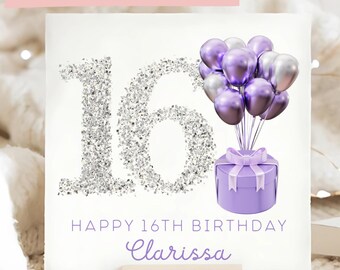 Personalised 16th Birthday Silver Glitter Card, Female 16th Birthday Card, Little Girl Sixteenth Birthday Card, She Is Sixteen Card, 16