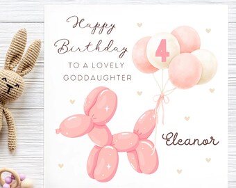 Goddaughter 4th Birthday Balloon Dog Card, Personalised 4th Goddaughter Card, Lovely Goddaughter Gift, Goddaughter Girl Fourth Card