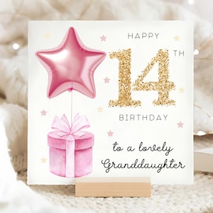Carte d'anniversaire petite-fille 14 ans, carte ballon étoile feuille rose, petite-fille a 14 ans, carte d'anniversaire petite-fille quatorze ans, petite-fille 14 ans