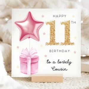 Cousin 11th Birthday Card, Pink Foil Star Balloon Card, Cousin Is 11, Cousin Eleventh Birthday Card, Cousin Is Eleven, Girl Cousin Card