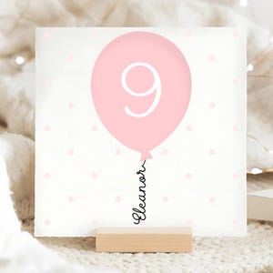 9e anniversaire ballon rose, carte personnalisée 9e anniversaire, neuvième anniversaire de la fille, anniversaire de nièce, carte de petite-fille, avoir 9 ans