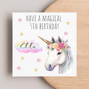Carte magique de 5e anniversaire de licorne, carte personnalisée de 5e anniversaire, nièce, petite-fille, soeur, fille, anniversaire de tout-petit, cinquième anniversaire