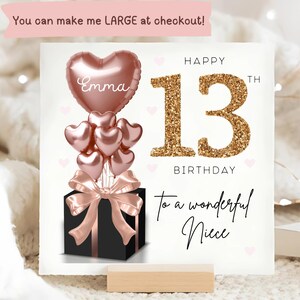 Carte personnalisée de 13e anniversaire de nièce, carte ballon noir or rose, nièce a 13 ans, cadeau de 13e anniversaire, carte de 13e anniversaire nièce