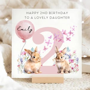 Carte personnalisée pour 2e anniversaire de fille, 2e carte d'anniversaire de lapin et papillon, fille de 2 ans personnalisée, fille de 2 ans