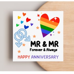 Mr & Mr Anniversary LGBTQ card, wedding anniversary card, couple love gift, gay marriage, him and him love, rainbow hearts gift, you both