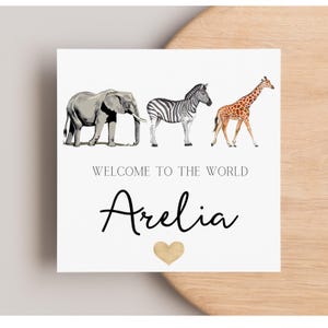 Carte personnalisée de bienvenue dans le monde des animaux du zoo, carte de nouvelle arrivée, carte de naissance, carte à thème jungle, nouveau-né, bébé garçon, bébé fille