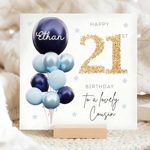 Tarjeta personalizada para el 21.º cumpleaños de un primo, tarjeta con globo azul y dorado, regalo para el 21.º cumpleaños de un primo, tarjeta para el 21.º cumpleaños de un primo