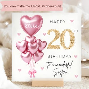 Sister 20th Birthday Personalised Card, Pink Gold Balloon Card, Sister is 20, Twentieth Birthday Gift, Sister 20th Birthday Card