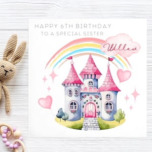 6e anniversaire de soeur, carte de château de princesse, sixième anniversaire de soeur, carte personnalisée de 6 ans de soeur, anniversaire de petite fille, fille de princesse