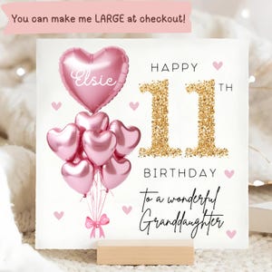 Granddaughter 11th Birthday Personalised Card, Pink Gold Balloon Card, Granddaughter is 11, Eleventh Birthday Gift, Granddaughter Eleven