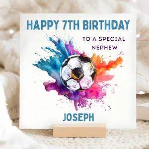 Carte de football 7e anniversaire neveu, carte d'anniversaire personnalisée neveu a 7 ans, neveu football septième carte colorée, neveu spécial a 7 ans
