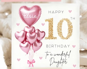 Daughter 10th Gems Birthday Personalised Card, Pink Gold Balloon Card, Daughter is 10, Tenth Birthday Gift, Tenth Daughter Card